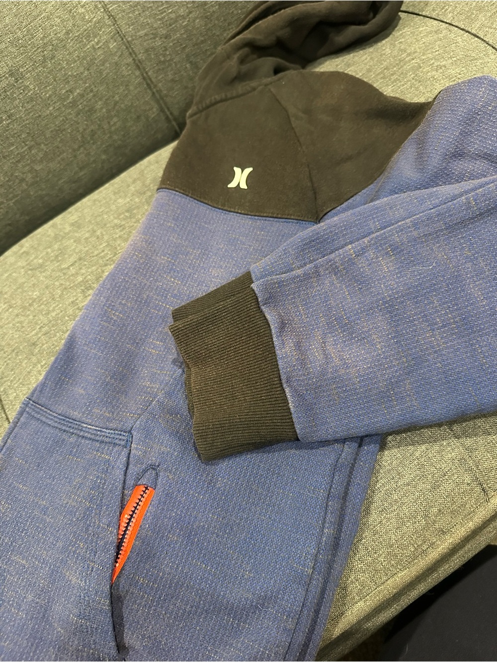Hurley Blue and Black Hooded Bomber Jacket with Orange Zip Accent